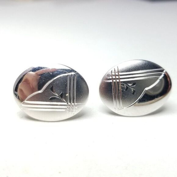 Vintage Sterling Silver Oval Cufflink, Etched Minimal Tbar Style, Formal Dress - Picture 2 of 7